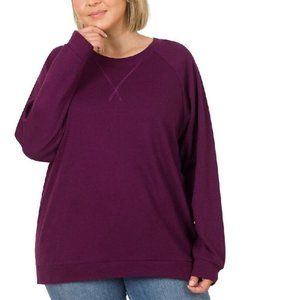 Zenana Plus Sweatshirt Light Weight Cotton Pullover Stitch Detail Plum 1X